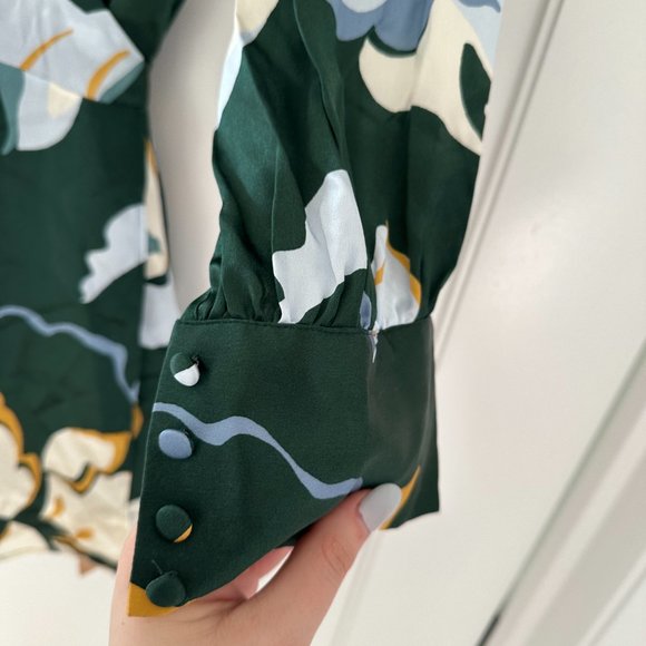 Reformation Chrisley Wrap Silk Mini Dress Lyra Green Floral V-Neck Long Sleeve - Picture 6 of 12